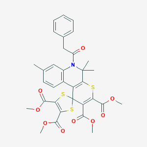 molecular formula C33H31NO9S3 B406332 2',3',4,5-TETRAMETHYL 5',5',8'-TRIMETHYL-6'-(2-PHENYLACETYL)-5',6'-DIHYDROSPIRO[1,3-DITHIOLE-2,1'-THIOPYRANO[2,3-C]QUINOLINE]-2',3',4,5-TETRACARBOXYLATE 