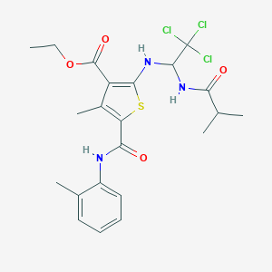 molecular formula C22H26Cl3N3O4S B406377 Ethyl 4-methyl-5-(2-toluidinocarbonyl)-2-{[2,2,2-trichloro-1-(isobutyrylamino)ethyl]amino}-3-thiophenecarboxylate 