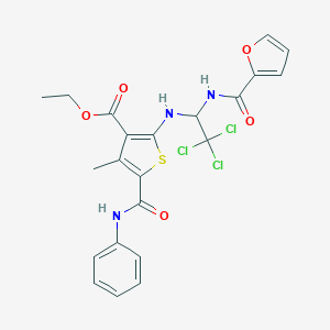 molecular formula C22H20Cl3N3O5S B406379 Ethyl 5-(anilinocarbonyl)-4-methyl-2-{[2,2,2-trichloro-1-(2-furoylamino)ethyl]amino}-3-thiophenecarboxylate 