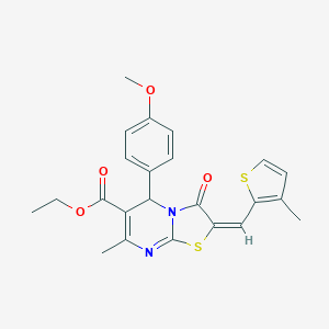 molecular formula C23H22N2O4S2 B406397 ethyl 5-(4-methoxyphenyl)-7-methyl-2-[(3-methyl-2-thienyl)methylene]-3-oxo-2,3-dihydro-5H-[1,3]thiazolo[3,2-a]pyrimidine-6-carboxylate 