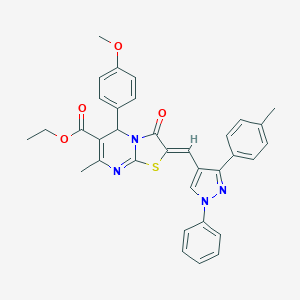 molecular formula C34H30N4O4S B406398 ethyl 5-(4-methoxyphenyl)-7-methyl-2-{[3-(4-methylphenyl)-1-phenyl-1H-pyrazol-4-yl]methylene}-3-oxo-2,3-dihydro-5H-[1,3]thiazolo[3,2-a]pyrimidine-6-carboxylate 