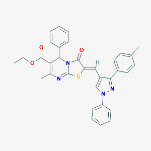 molecular formula C33H28N4O3S B406403 ETHYL (8Z)-4-METHYL-8-[[3-(4-METHYLPHENYL)-1-PHENYL-PYRAZOL-4-YL]METHYLIDENE]-9-OXO-2-PHENYL-7-THIA-1,5-DIAZABICYCLO[4.3.0]NONA-3,5-DIENE-3-CARBOXYLATE 