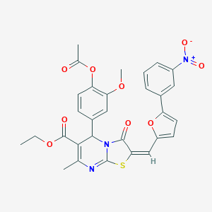 molecular formula C30H25N3O9S B406413 ethyl (2E)-5-[4-(acetyloxy)-3-methoxyphenyl]-7-methyl-2-{[5-(3-nitrophenyl)-2-furyl]methylene}-3-oxo-2,3-dihydro-5H-[1,3]thiazolo[3,2-a]pyrimidine-6-carboxylate 