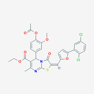 molecular formula C30H24Cl2N2O7S B406416 ethyl 5-[4-(acetyloxy)-3-methoxyphenyl]-2-{[5-(2,5-dichlorophenyl)-2-furyl]methylene}-7-methyl-3-oxo-2,3-dihydro-5H-[1,3]thiazolo[3,2-a]pyrimidine-6-carboxylate 
