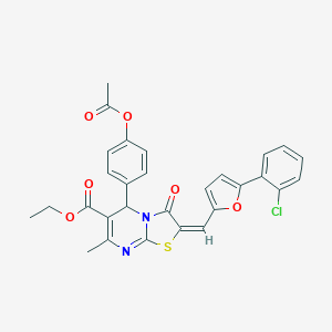 molecular formula C29H23ClN2O6S B406446 Ethyl 5-(4-acetoxyphenyl)-2-((5-(2-chlorophenyl)furan-2-yl)methylene)-7-methyl-3-oxo-3,5-dihydro-2H-thiazolo[3,2-a]pyrimidine-6-carboxylate 
