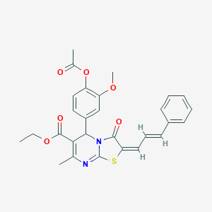 molecular formula C28H26N2O6S B406488 ethyl 5-[4-(acetyloxy)-3-methoxyphenyl]-7-methyl-3-oxo-2-(3-phenyl-2-propenylidene)-2,3-dihydro-5H-[1,3]thiazolo[3,2-a]pyrimidine-6-carboxylate 