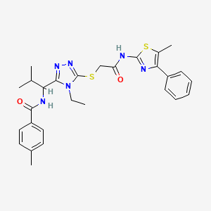 molecular formula C28H32N6O2S2 B4066999 N-{1-[4-ethyl-5-({2-[(5-methyl-4-phenyl-1,3-thiazol-2-yl)amino]-2-oxoethyl}sulfanyl)-4H-1,2,4-triazol-3-yl]-2-methylpropyl}-4-methylbenzamide 