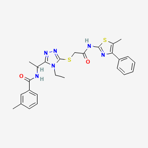 molecular formula C26H28N6O2S2 B4068196 N-{1-[4-ethyl-5-({2-[(5-methyl-4-phenyl-1,3-thiazol-2-yl)amino]-2-oxoethyl}sulfanyl)-4H-1,2,4-triazol-3-yl]ethyl}-3-methylbenzamide 