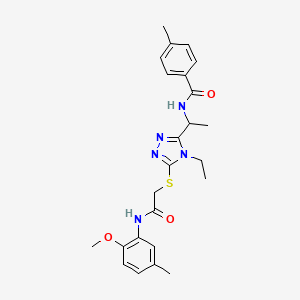 molecular formula C24H29N5O3S B4068627 N-{1-[4-ethyl-5-({2-[(2-methoxy-5-methylphenyl)amino]-2-oxoethyl}sulfanyl)-4H-1,2,4-triazol-3-yl]ethyl}-4-methylbenzamide 