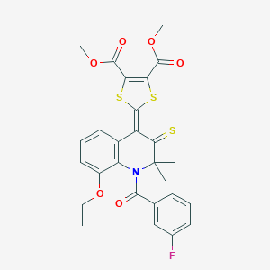 molecular formula C27H24FNO6S3 B407103 DIMETHYL 2-[8-ETHOXY-1-(3-FLUOROBENZOYL)-2,2-DIMETHYL-3-THIOXO-2,3-DIHYDRO-4(1H)-QUINOLINYLIDEN]-1,3-DITHIOLE-4,5-DICARBOXYLATE 