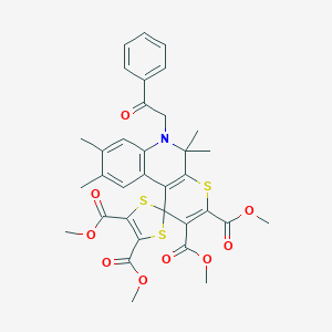molecular formula C34H33NO9S3 B407107 2',3',4,5-TETRAMETHYL 5',5',8',9'-TETRAMETHYL-6'-(2-OXO-2-PHENYLETHYL)-5',6'-DIHYDROSPIRO[1,3-DITHIOLE-2,1'-THIOPYRANO[2,3-C]QUINOLINE]-2',3',4,5-TETRACARBOXYLATE 