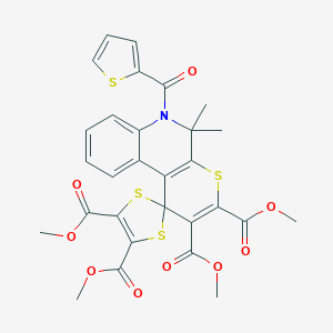 molecular formula C29H25NO9S4 B407131 2',3',4,5-TETRAMETHYL 5',5'-DIMETHYL-6'-(THIOPHENE-2-CARBONYL)-5',6'-DIHYDROSPIRO[1,3-DITHIOLE-2,1'-THIOPYRANO[2,3-C]QUINOLINE]-2',3',4,5-TETRACARBOXYLATE 