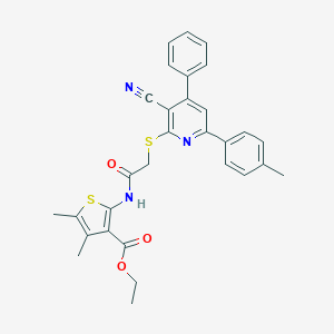 molecular formula C30H27N3O3S2 B407181 Ethyl 2-(2-((3-cyano-4-phenyl-6-(p-tolyl)pyridin-2-yl)thio)acetamido)-4,5-dimethylthiophene-3-carboxylate CAS No. 332053-33-5