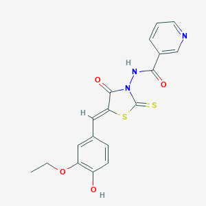 molecular formula C18H15N3O4S2 B407199 N-[5-(3-ethoxy-4-hydroxybenzylidene)-4-oxo-2-thioxo-1,3-thiazolidin-3-yl]nicotinamide CAS No. 304861-26-5