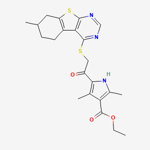 molecular formula C22H25N3O3S2 B4072088 ethyl 2,4-dimethyl-5-[2-[(7-methyl-5,6,7,8-tetrahydro-[1]benzothiolo[2,3-d]pyrimidin-4-yl)sulfanyl]acetyl]-1H-pyrrole-3-carboxylate 