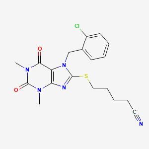 molecular formula C19H20ClN5O2S B4072472 5-({7-[(2-CHLOROPHENYL)METHYL]-1,3-DIMETHYL-2,6-DIOXO-2,3,6,7-TETRAHYDRO-1H-PURIN-8-YL}SULFANYL)PENTANENITRILE 