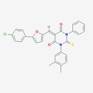 molecular formula C29H21ClN2O3S B407260 (5Z)-5-{[5-(4-CHLOROPHENYL)FURAN-2-YL]METHYLIDENE}-1-(3,4-DIMETHYLPHENYL)-3-PHENYL-2-SULFANYLIDENE-1,3-DIAZINANE-4,6-DIONE 