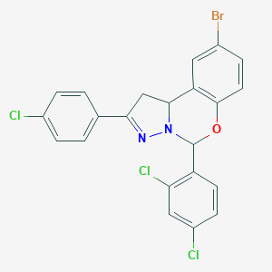molecular formula C22H14BrCl3N2O B407383 9-Bromo-2-(4-chlorophenyl)-5-(2,4-dichlorophenyl)-1,10b-dihydropyrazolo[1,5-c][1,3]benzoxazine 