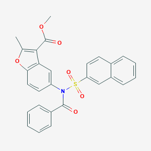 molecular formula C28H21NO6S B407643 METHYL 2-METHYL-5-[N-(NAPHTHALENE-2-SULFONYL)BENZAMIDO]-1-BENZOFURAN-3-CARBOXYLATE 