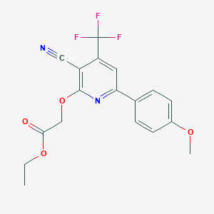 molecular formula C18H15F3N2O4 B407909 Ethyl {[3-cyano-6-(4-methoxyphenyl)-4-(trifluoromethyl)-2-pyridinyl]oxy}acetate 