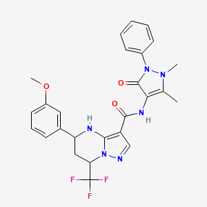 molecular formula C26H25F3N6O3 B4080078 N-(1,5-DIMETHYL-3-OXO-2-PHENYL-2,3-DIHYDRO-1H-PYRAZOL-4-YL)-5-(3-METHOXYPHENYL)-7-(TRIFLUOROMETHYL)-4H,5H,6H,7H-PYRAZOLO[1,5-A]PYRIMIDINE-3-CARBOXAMIDE 