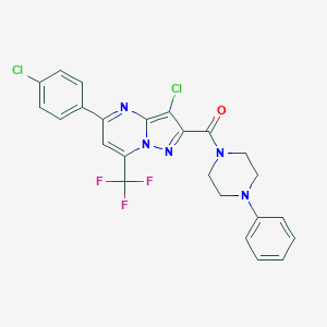 molecular formula C24H18Cl2F3N5O B408052 1-[3-CHLORO-5-(4-CHLOROPHENYL)-7-(TRIFLUOROMETHYL)PYRAZOLO[1,5-A]PYRIMIDINE-2-CARBONYL]-4-PHENYLPIPERAZINE 