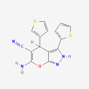 molecular formula C15H10N4OS2 B4080633 6-amino-3-thiophen-2-yl-4-thiophen-3-yl-2,4-dihydropyrano[2,3-c]pyrazole-5-carbonitrile 