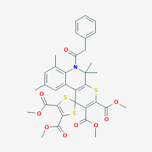 molecular formula C34H33NO9S3 B408074 2',3',4,5-TETRAMETHYL 5',5',7',9'-TETRAMETHYL-6'-(2-PHENYLACETYL)-5',6'-DIHYDROSPIRO[1,3-DITHIOLE-2,1'-THIOPYRANO[2,3-C]QUINOLINE]-2',3',4,5-TETRACARBOXYLATE 