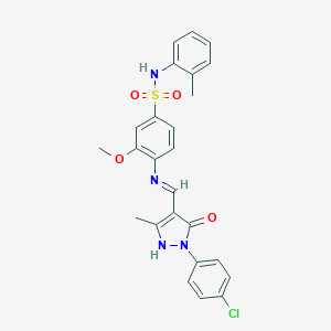 molecular formula C25H23ClN4O4S B408131 4-({(E)-[1-(4-chlorophenyl)-3-methyl-5-oxo-1,5-dihydro-4H-pyrazol-4-ylidene]methyl}amino)-3-methoxy-N-(2-methylphenyl)benzenesulfonamide 