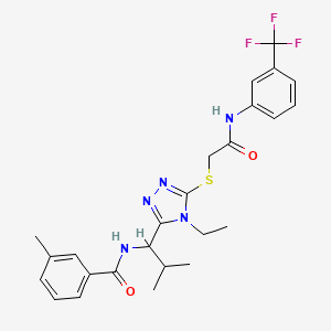 molecular formula C25H28F3N5O2S B4081452 N-(1-{4-ethyl-5-[(2-oxo-2-{[3-(trifluoromethyl)phenyl]amino}ethyl)sulfanyl]-4H-1,2,4-triazol-3-yl}-2-methylpropyl)-3-methylbenzamide 