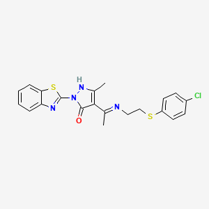 molecular formula C21H19ClN4OS2 B4082496 (4E)-2-(1,3-benzothiazol-2-yl)-4-[1-({2-[(4-chlorophenyl)sulfanyl]ethyl}amino)ethylidene]-5-methyl-2,4-dihydro-3H-pyrazol-3-one 