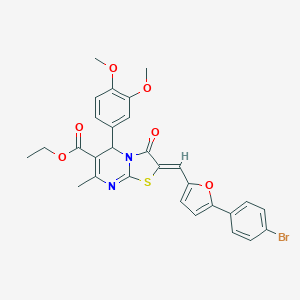 molecular formula C29H25BrN2O6S B408293 ETHYL (2Z)-2-{[5-(4-BROMOPHENYL)FURAN-2-YL]METHYLIDENE}-5-(3,4-DIMETHOXYPHENYL)-7-METHYL-3-OXO-2H,3H,5H-[1,3]THIAZOLO[3,2-A]PYRIMIDINE-6-CARBOXYLATE 