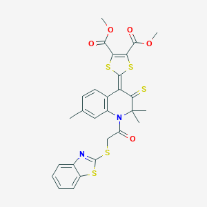molecular formula C28H24N2O5S5 B408322 4,5-DIMETHYL 2-{1-[2-(1,3-BENZOTHIAZOL-2-YLSULFANYL)ACETYL]-2,2,7-TRIMETHYL-3-SULFANYLIDENEQUINOLIN-4-YLIDENE}-1,3-DITHIOLE-4,5-DICARBOXYLATE 