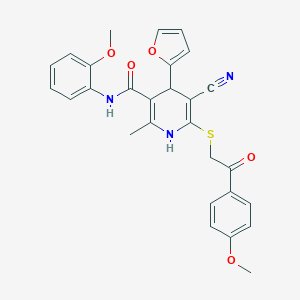 molecular formula C28H25N3O5S B408433 5-cyano-4-(furan-2-yl)-N-(2-methoxyphenyl)-6-{[2-(4-methoxyphenyl)-2-oxoethyl]sulfanyl}-2-methyl-1,4-dihydropyridine-3-carboxamide CAS No. 328068-94-6