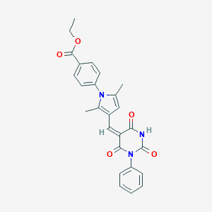 molecular formula C26H23N3O5 B408460 ethyl 4-{2,5-dimethyl-3-[(E)-(2,4,6-trioxo-1-phenyltetrahydropyrimidin-5(2H)-ylidene)methyl]-1H-pyrrol-1-yl}benzoate 