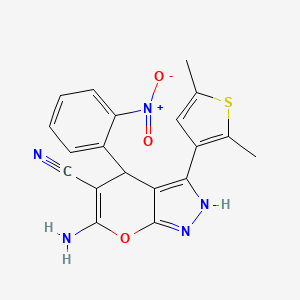 molecular formula C19H15N5O3S B4084856 6-Amino-3-(2,5-dimethylthiophen-3-yl)-4-(2-nitrophenyl)-2,4-dihydropyrano[2,3-c]pyrazole-5-carbonitrile 