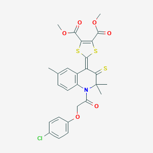molecular formula C27H24ClNO6S3 B408510 DIMETHYL 2-[1-[2-(4-CHLOROPHENOXY)ACETYL]-2,2,6-TRIMETHYL-3-THIOXO-2,3-DIHYDRO-4(1H)-QUINOLINYLIDEN]-1,3-DITHIOLE-4,5-DICARBOXYLATE 