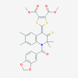 molecular formula C28H25NO7S3 B408511 DIMETHYL 2-[1-(1,3-BENZODIOXOL-5-YLCARBONYL)-2,2,6,7-TETRAMETHYL-3-THIOXO-2,3-DIHYDRO-4(1H)-QUINOLINYLIDEN]-1,3-DITHIOLE-4,5-DICARBOXYLATE 