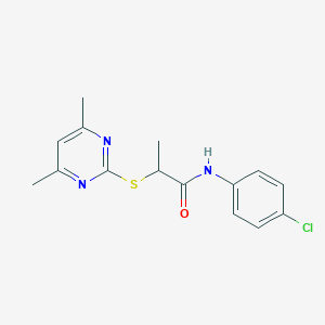 molecular formula C15H16ClN3OS B4085879 N-(4-chlorophenyl)-2-[(4,6-dimethylpyrimidin-2-yl)sulfanyl]propanamide 