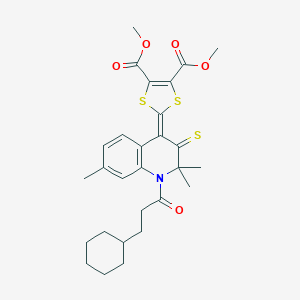molecular formula C28H33NO5S3 B408631 4,5-DIMETHYL 2-[1-(3-CYCLOHEXYLPROPANOYL)-2,2,7-TRIMETHYL-3-SULFANYLIDENE-1,2,3,4-TETRAHYDROQUINOLIN-4-YLIDENE]-2H-1,3-DITHIOLE-4,5-DICARBOXYLATE 