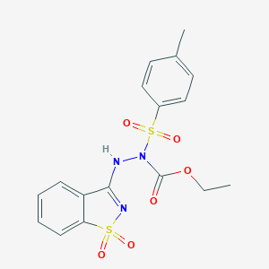 molecular formula C17H17N3O6S2 B408734 ETHYL 2-(1,1-DIOXO-1H-1,2-BENZISOTHIAZOL-3-YL)-1-[(4-METHYLPHENYL)SULFONYL]-1-HYDRAZINECARBOXYLATE 