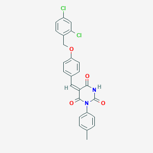 molecular formula C25H18Cl2N2O4 B408755 (5E)-5-({4-[(2,4-DICHLOROPHENYL)METHOXY]PHENYL}METHYLIDENE)-1-(4-METHYLPHENYL)-1,3-DIAZINANE-2,4,6-TRIONE 