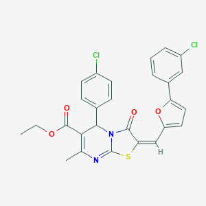 molecular formula C27H20Cl2N2O4S B408766 ETHYL 5-(4-CHLOROPHENYL)-2-{(E)-1-[5-(3-CHLOROPHENYL)-2-FURYL]METHYLIDENE}-7-METHYL-3-OXO-2,3-DIHYDRO-5H-[1,3]THIAZOLO[3,2-A]PYRIMIDINE-6-CARBOXYLATE 