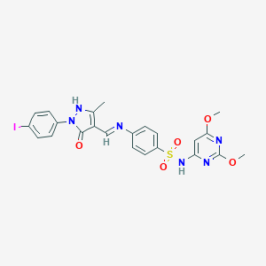 molecular formula C23H21IN6O5S B408964 N-(2,6-dimethoxy-4-pyrimidinyl)-4-({[1-(4-iodophenyl)-3-methyl-5-oxo-1,5-dihydro-4H-pyrazol-4-ylidene]methyl}amino)benzenesulfonamide 
