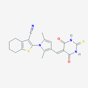 molecular formula C20H18N4O2S2 B408998 2-(3-{[4,6-dioxo-2-thioxotetrahydro-5(2H)-pyrimidinylidene]methyl}-2,5-dimethyl-1H-pyrrol-1-yl)-4,5,6,7-tetrahydro-1-benzothiophene-3-carbonitrile 