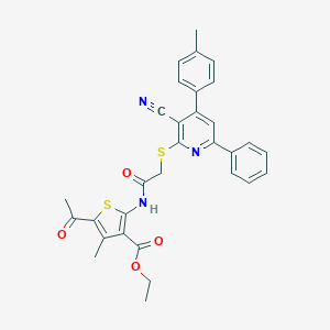 molecular formula C31H27N3O4S2 B409222 Ethyl 5-acetyl-2-[({[3-cyano-4-(4-methylphenyl)-6-phenyl-2-pyridinyl]sulfanyl}acetyl)amino]-4-methyl-3-thiophenecarboxylate 