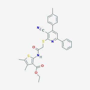 molecular formula C30H27N3O3S2 B409234 Ethyl 2-(2-((3-cyano-6-phenyl-4-(p-tolyl)pyridin-2-yl)thio)acetamido)-4,5-dimethylthiophene-3-carboxylate CAS No. 332161-68-9