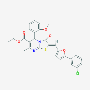 molecular formula C28H23ClN2O5S B409398 ETHYL (2Z)-2-{[5-(3-CHLOROPHENYL)FURAN-2-YL]METHYLIDENE}-5-(2-METHOXYPHENYL)-7-METHYL-3-OXO-2H,3H,5H-[1,3]THIAZOLO[3,2-A]PYRIMIDINE-6-CARBOXYLATE 