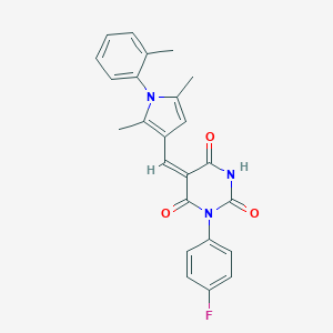 molecular formula C24H20FN3O3 B409426 (5E)-5-{[2,5-DIMETHYL-1-(2-METHYLPHENYL)-1H-PYRROL-3-YL]METHYLIDENE}-1-(4-FLUOROPHENYL)-1,3-DIAZINANE-2,4,6-TRIONE 