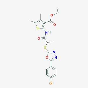 molecular formula C20H20BrN3O4S2 B409503 Ethyl 2-(2-((5-(4-bromophenyl)-1,3,4-oxadiazol-2-yl)thio)propanamido)-4,5-dimethylthiophene-3-carboxylate CAS No. 332162-04-6